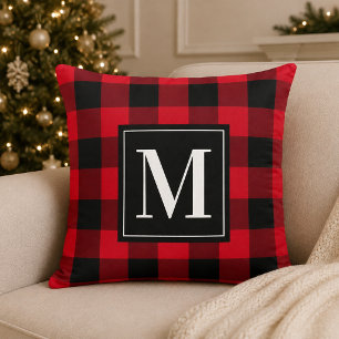 Fettrote schwarze Buffalo-Karo-Monogramm-Weihnacht Kissen