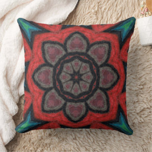 Fettrote und schwarze Kaleidoskop-Blumen-Mandala Kissen