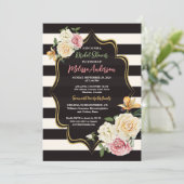 Fettschwarz, Elfenbeinstreifen, Florales Brautpart Einladung (Stehend Vorderseite)