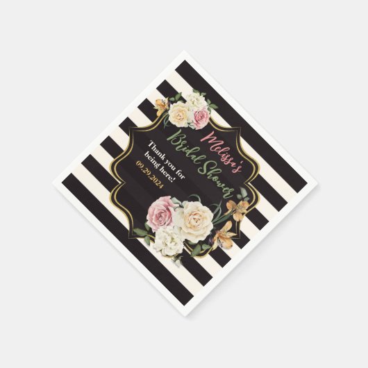 Fettschwarz, Elfenbeinstreifen, florales Brautpart Serviette (Ecke)