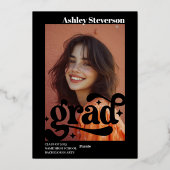 Fettschwarze Groovy-2-Fotos-Graduierungsparty Folieneinladung (Rückseite)