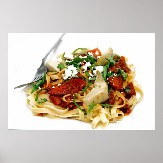 Fettuccini mit gerösteter Tomate und Basilikum Poster (Vorne)