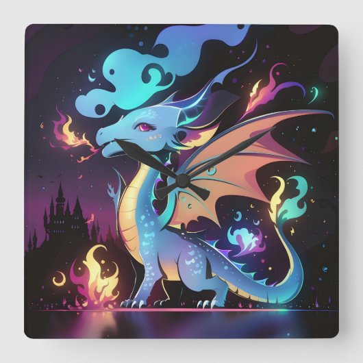 Feuer des verzauberten Drachen Quadratische Wanduhr (Vorderseite)