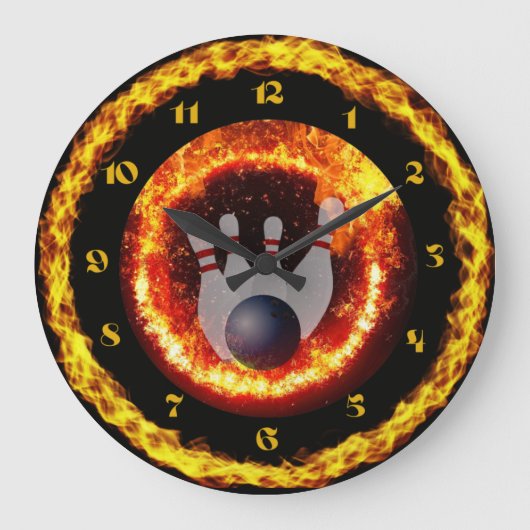 Feuer Flammen Bowling Themed Black Round Clock Große Wanduhr (Vorderseite)