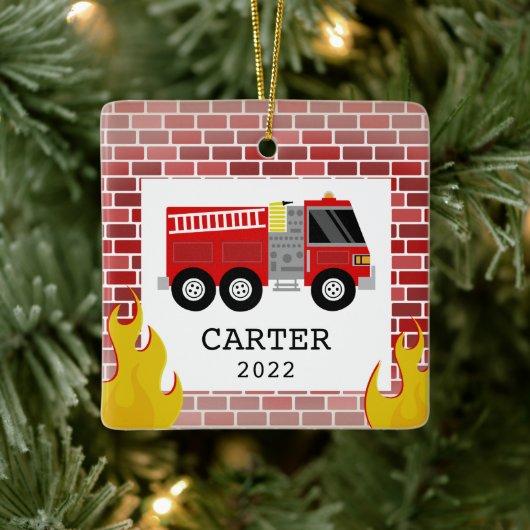 Feuer LKW Flammen Kinder Kleiner Junge Weihnachten Keramikornament (Baum)