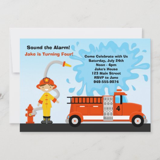 Feuer-LKW-Geburtstags-Party Einladung (Vorderseite)