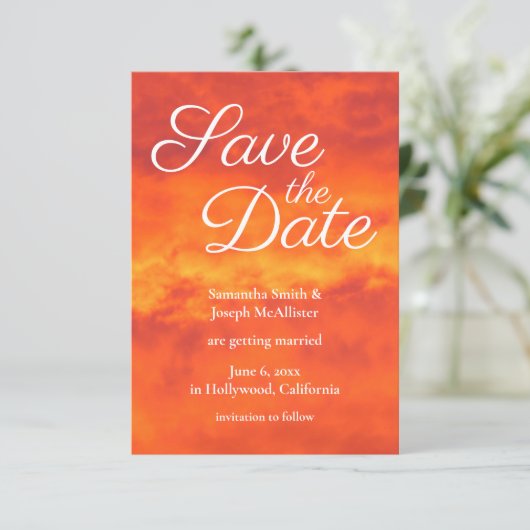 Feuer Orange Cloudy Sunset Foto Save the Date Einladung (Stehend Vorderseite)