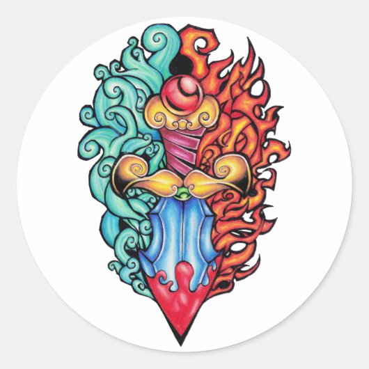 Feuer- und Wasserdagger Tattoo Runder Aufkleber (Vorderseite)