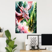 Feueratmende Drache lebhafte rosa Schuppen Poster (Heimbüro)
