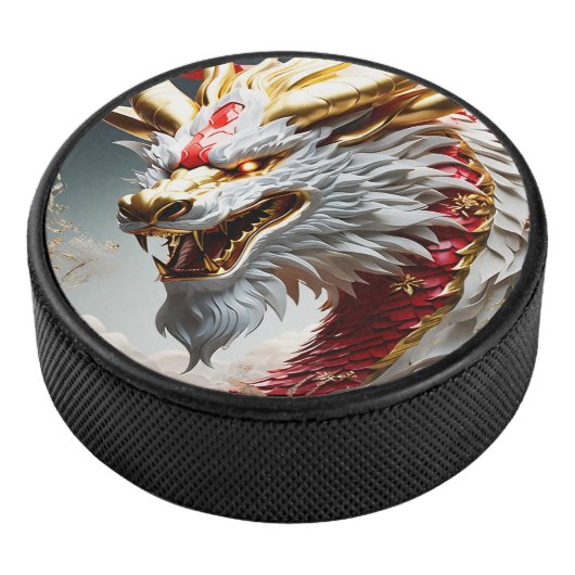 Feueratmende Drache Rot-Weiß- und Goldwaage Eishockey Puck (3/4)