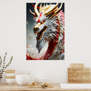 Feueratmende Drache Rot-Weiß- und Goldwaage Poster