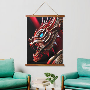 Feueratmende Drachen Rot- und Goldwaage Wandteppich Mit Holzrahmen
