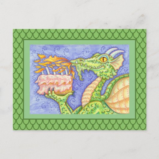 FEUERATMENDER DRACHE ZÜNDET GEBURTSTAGSKERZEN AN POSTKARTE (Vorderseite)