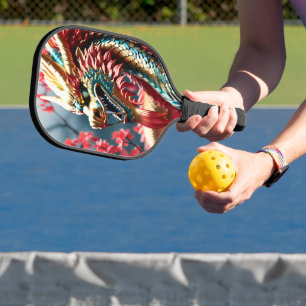 Feueratmung Drache Gold Blau und Rot Waage Pickleball Schläger