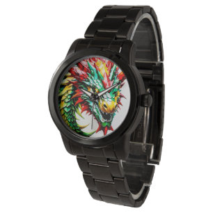 Feueratmung Drachen rot, grün und gelb Armbanduhr