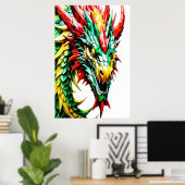 Feueratmung Drachen rot, grün und gelb Poster (Heimbüro)