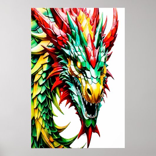 Feueratmung Drachen rot, grün und gelb Poster (Vorne)