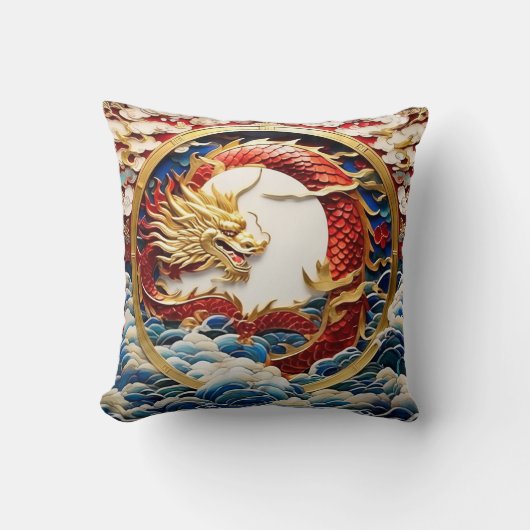 Feueratmungsdrache Gold und Rot Kissen (Vorderseite)