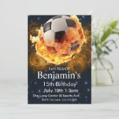 Feuerball Geburtstag, Fußball Geburtstag, Futbol Einladung (Stehend Vorderseite)