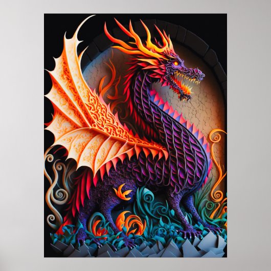Feuerdrache Burg Fantasie Mythische Kreaturen Poster (Vorne)