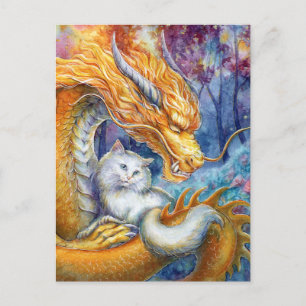 Feuerdrache und weiße Katze im mystischen Wald Postkarte