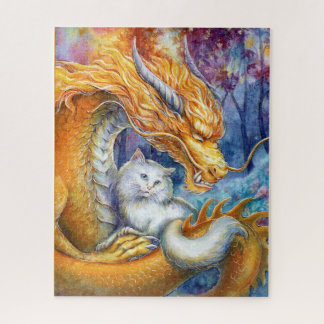 Feuerdrache und weiße Katze im mystischen Wald Puzzle