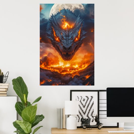 Feuerdrache unter Vollmond-Fantasy Poster (Heimbüro)