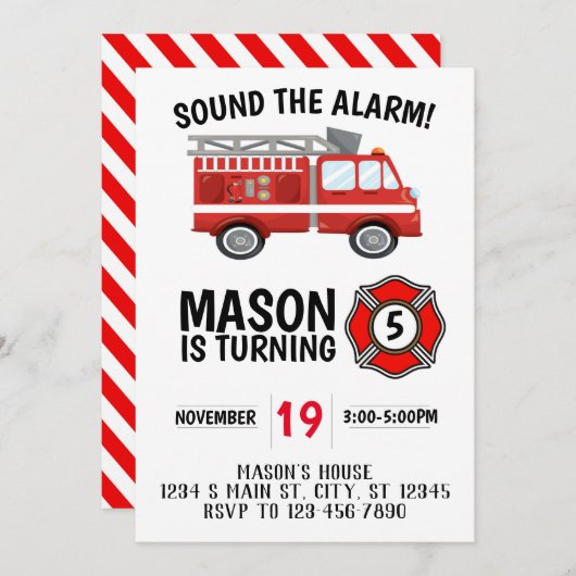 Feuerfahrzeug Geburtstag Einladung (Vorne/Hinten)