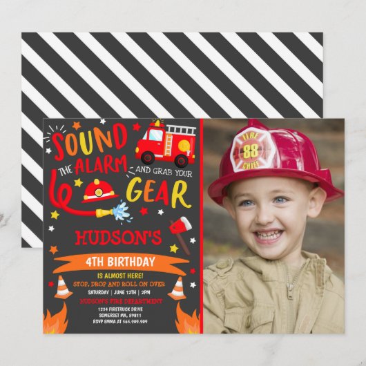 Feuerfahrzeug Geburtstag Einladung Fireman Party (Vorne/Hinten)