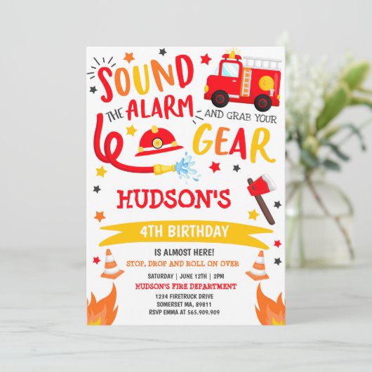 Feuerfahrzeug Geburtstag Einladung Fireman Party (Stehend Vorderseite)