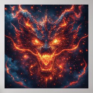 Feuerkopf eines Drachen, der intensive Energie aus Poster