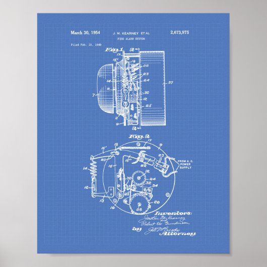 Feuermeldesystem 1954 Patentart - Blueprint Poster (Vorne)