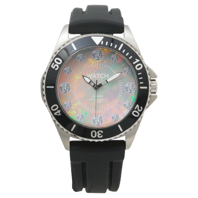 Feueropal Diamond Solitaire Dial Individuelle Name Armbanduhr (Vorderseite)