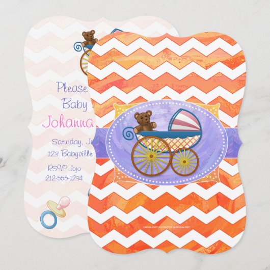 Feuersee Orange Zickzack Baby Einladung (Vorne/Hinten)