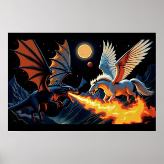 Feuerspeiender Drache und Pegasus Poster