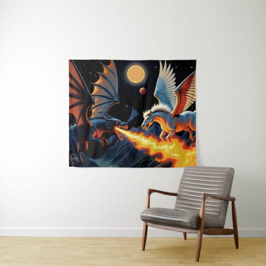 Feuerspeiender Drache und Pegasus Wandteppich (Beispiel (Horizontal))