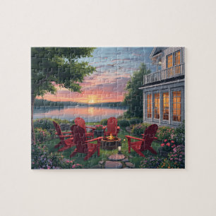 Feuerstelle am Seeufer Sonnenuntergang Stühle Puzzle