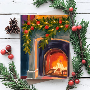Feuerstelle im Urlaub   Gemalte Weihnachtskarte mi Feiertagskarte