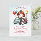 Feuerwagen Fireman Boy 1. Geburtstag Einladung (Stehend Vorderseite)