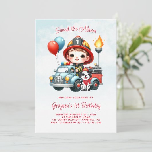Feuerwagen Fireman Boy 1. Geburtstag Einladung (Stehend Vorderseite)