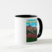 Feuerweh mit Bergen Vintage Travel Poster Tasse (VorderseiteRechts)