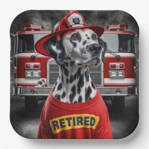 Feuerwehr-Dalmatiner mit Rentner-Shirt Pappteller