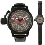 Feuerwehr für personalisierte Feuerwehren Armbanduhr<br><div class="desc">Firefighter NAME Fireman Feuer Abteilung Design - Emblem mit Red Helmet und Ax. Passen Sie Ihre Name,  Station/Dept-Nummer und Position an.</div>
