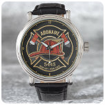 Feuerwehr für personalisierte Feuerwehren Armbanduhr<br><div class="desc">Firefighter NAME Fireman Feuer Abteilung Design - Emblem mit Red Helmet und Ax. Passen Sie Ihre Name,  Station/Dept-Nummer und Position an.</div>