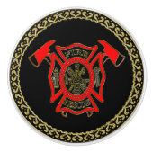 Feuerwehr: Gold und rotes Abzeichen mit Brandbombe Keramikknauf (Vorderseite)