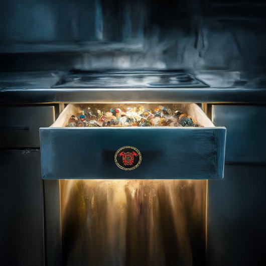 Feuerwehr: Gold und rotes Abzeichen mit Brandbombe Keramikknauf