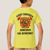 Feuerwehr: Gold und rotes Abzeichen mit Brandbombe T-Shirt (Rückseite)