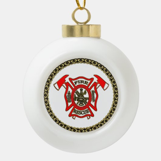 Feuerwehr-Gold und rotes Abzeichen mit Feuer-Äxten Keramik Kugel-Ornament (Vorderseite)