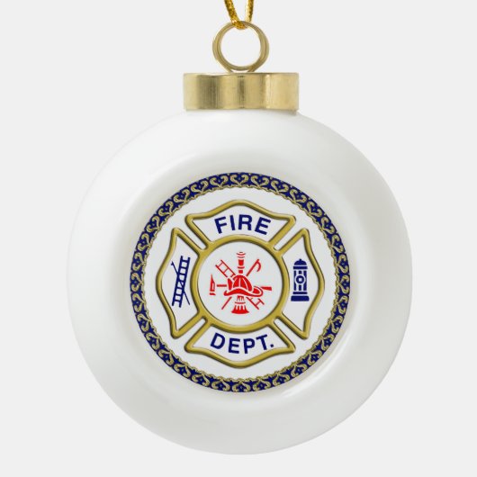 Feuerwehr-Logo blaues und weißes Abzeichen Keramik Kugel-Ornament (Vorderseite)