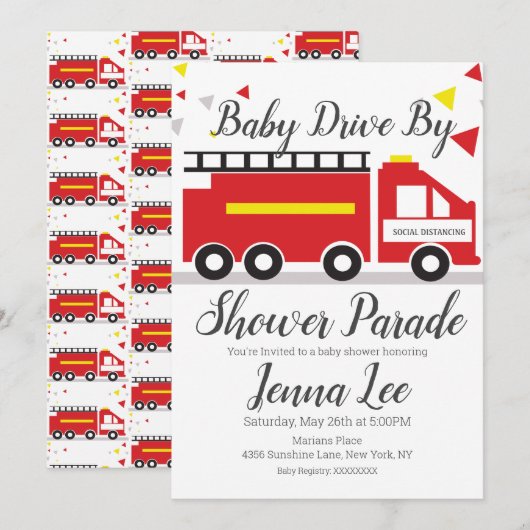 Feuerwehrauto-Baby-Shower-Parade Einladung (Vorne/Hinten)